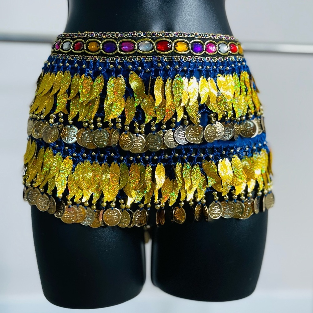Blue with Gold leaves coins Wrap Skirt Bellydance